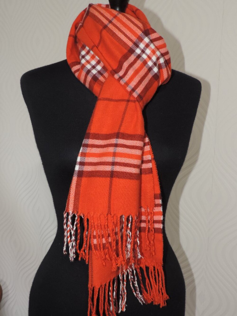 CASHMERE 100% Scarf Orange Burgundy White Plaid Fringe Made in Germany 12" x 66"